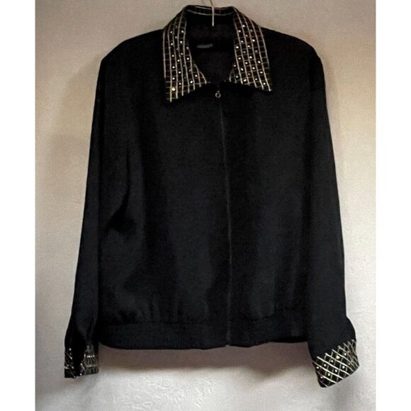 Vintage Saint Germain Black Zip-Front Bomber Jacket Large Embroidered Rhinestone - Picture 1 of 10